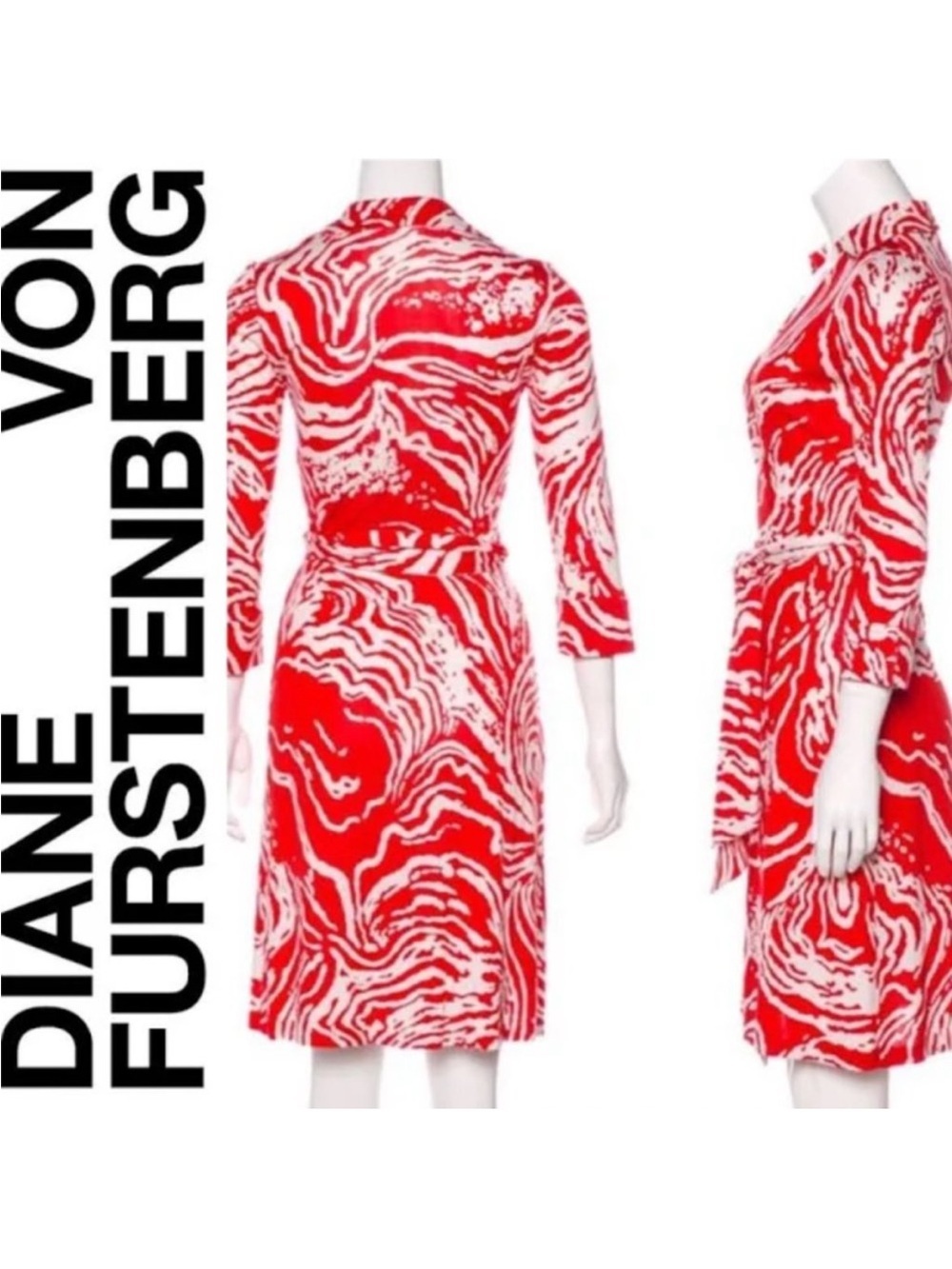 DVF Justin Wrap Dress Red White Vintage Silk size 10